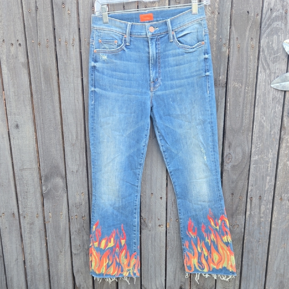 MOTHER Blue Denim Jeans with Red & Orange Flame Hem